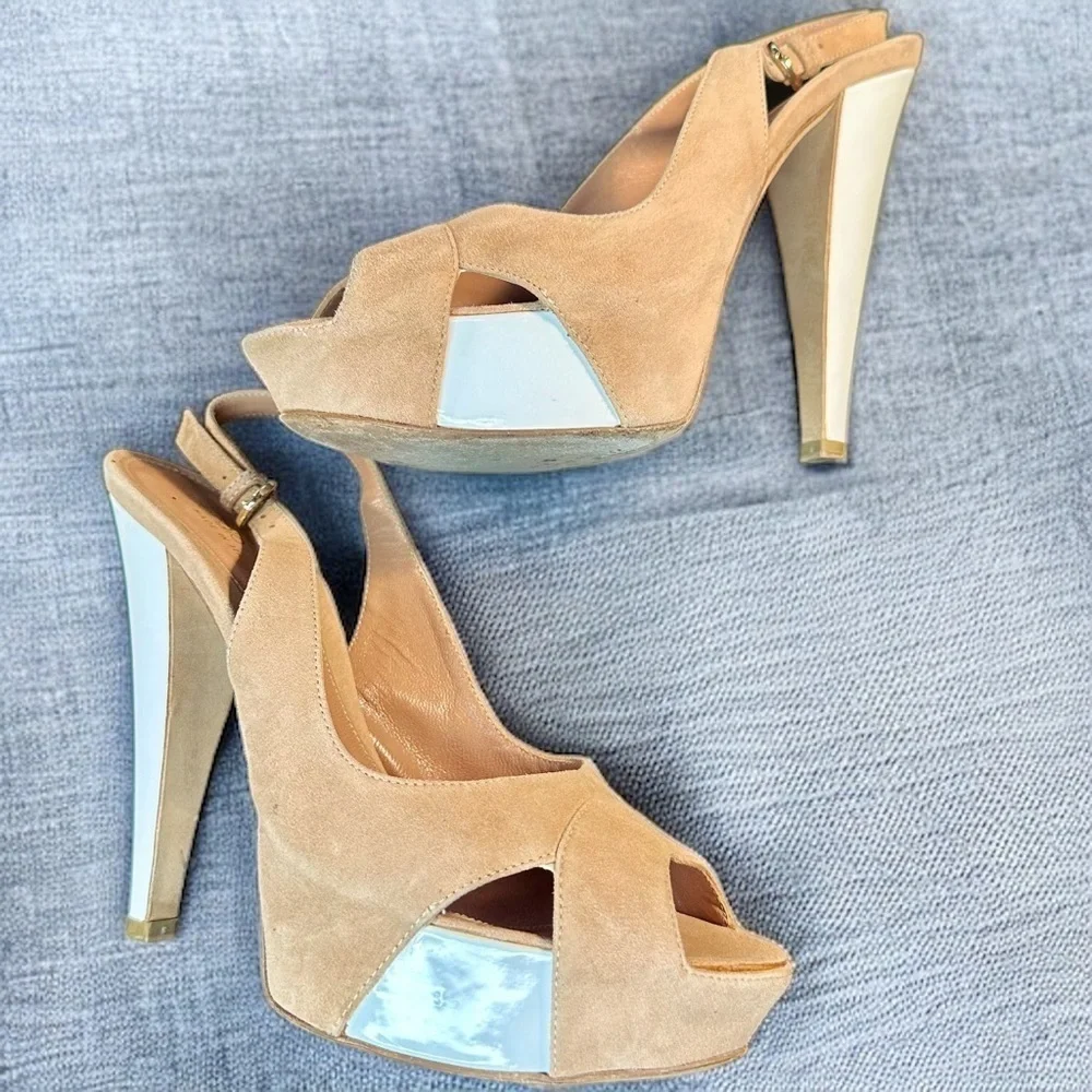 Sergio Rossi ‘Agathe’ Tan Suede & White Patent Peep Toe Slingback Heels Size 7.5
